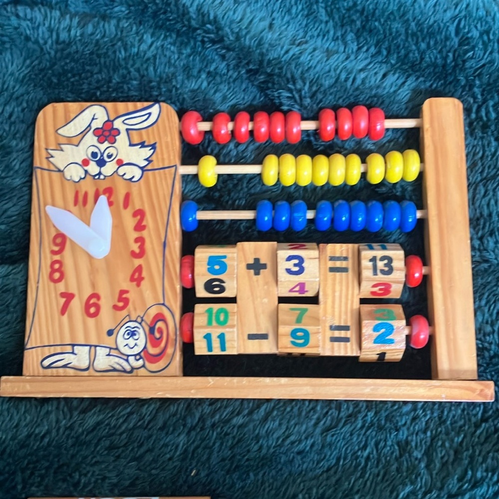 Vintage Wooden Child’s Learning Toy Rabbit  W/Clock Counting Math 3-1-1 Ed Toy